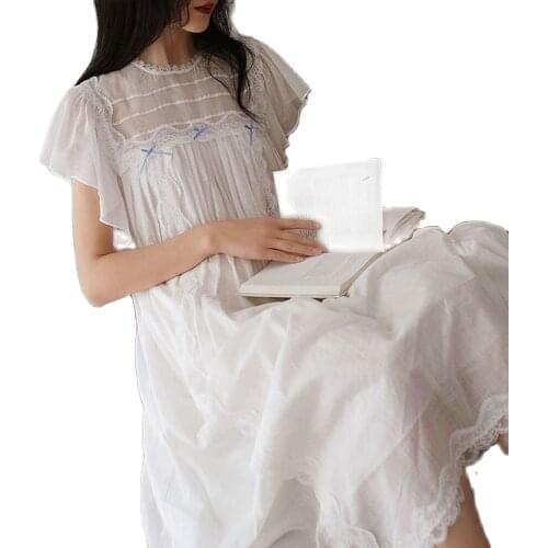 Women Gowns For Summer Short-Sleeved Princess Vintage Retro Court Sweet Long Nightdress Female Cotton Nightgown Sleepshirts