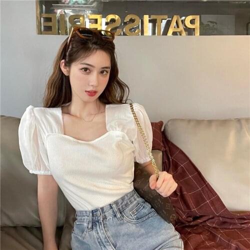Shirt Temperament Splicing Square Neck Puff Sleeve Short-sleeved Shirt Female Summer Design Sense Niche New Slim Top