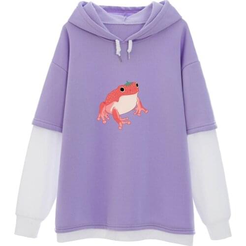 Oversized Sweatshirt Cute Strawberry Frog Hoodies Color Block Women Warm Longline Hoodie Drop Shoulder Thermal Kawaii Clothes