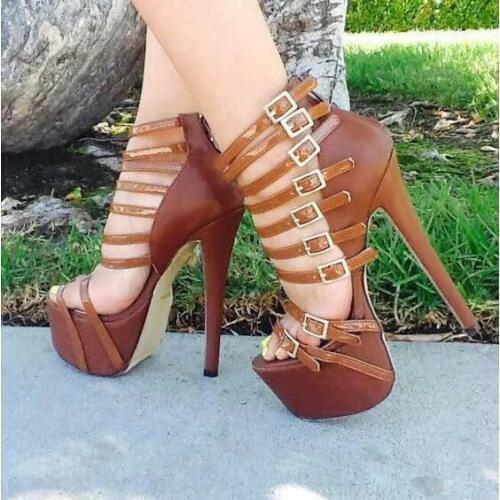 Free Shipping Summer New Brand Women Brown Pink Buckles Platform Zipper Back Super Heel Sandals Thin Heels Lady Party Shoes 43
