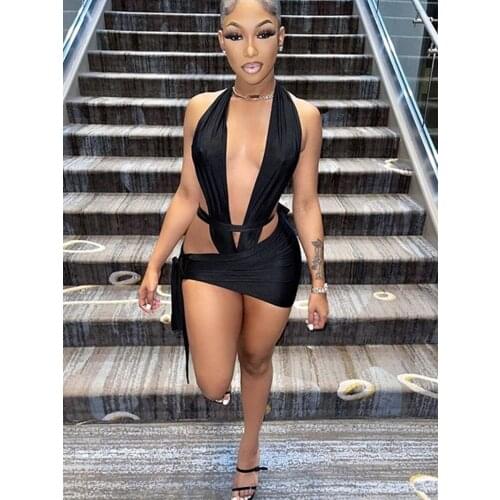 SKMY Solid Color Ladies Dresses Sexy Hollow Out Sleeveless Deep V-Neck Backless Short Dresses For Women 2021 Party Club