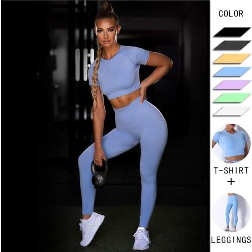 Women 2 Piece Set Women Tracksuit Short Sleeve Shirts Tops And Push Up Leggings Seamless Sexy Sets Women Fitness Slim Sets