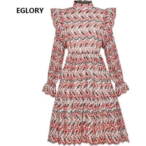 Hollow Out Embroidery Dress 2021 Spring Party Event Women Stand Neck Ruffle Floral Deco Long Sleeve Big Swing Red Green Dress