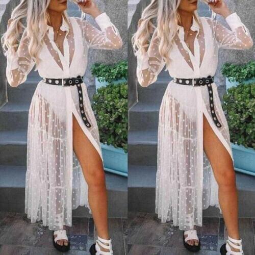 Women Mesh Sheer Transparent Polka Dot Lace Cover up Button Down Dress See-through Party Clubwear Beach Dress