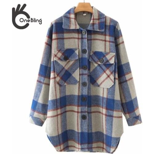 OneBling Za Woman 2021 Traf Coat Outerwear Fashion Oversize Wool Coat Long Plaid Shirt Jackets Vintage Long Sleeve Blouses