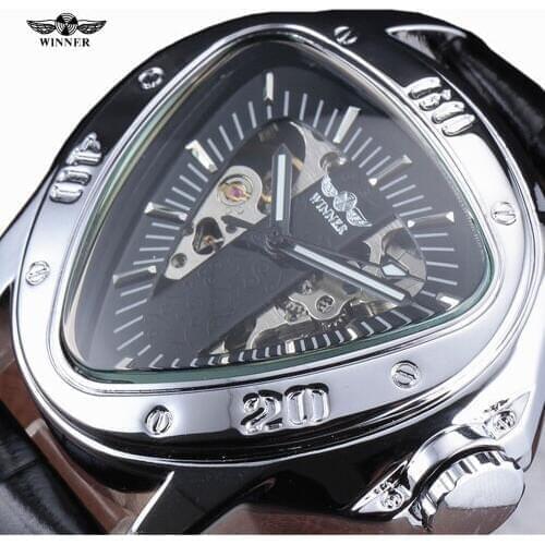 2017 WINNER Men Triangle Automatic Self-Wind Mechanical Watches Mens Sports Fashion Military Skeleton Watches Leather Band