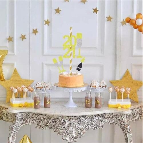 3Pcs/Set Cake Toppers Reusable Glittering Design Paper Baking Decor Topper 2021 for New Year Party Cake Decorating Supplies