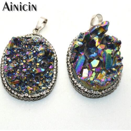 Rainbow Color Plating Rock Crystalline Teeth 25x35mm Rhinestone Crystal Paved Oval Shape Pendants Fashion Women Jewelry 5pcs