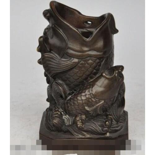 Free shipping S00410 6" chinese fengshui bronze Animal dragon fish lucky statue brush pot pencil vase