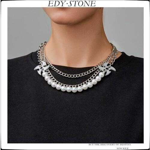 EDY 2021 New Punk Hip Hop Pearl Three-tier Boomerang Personality Clavicle Chain Cool Necklace For Women Girls Men Party Jewelry