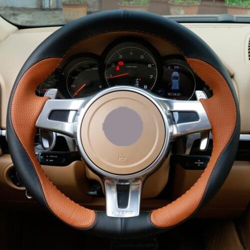 Black Leather Brown Leather Car Steering Wheel Covers for Porsche Cayenne Panamera 2012 2013 2014 auto Steering Covers