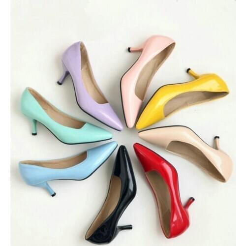 COOLULU Womens Kitten Heel Pointed Toe Pumps Slip on Patent Leather Pumps Women Shoes Yellow Pumps Ladies Shoes Size 33-48