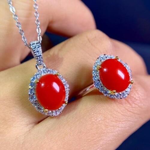 The color is beautiful, the style is novel.Natural Red coral suit, simple and fresh, 925 silver
