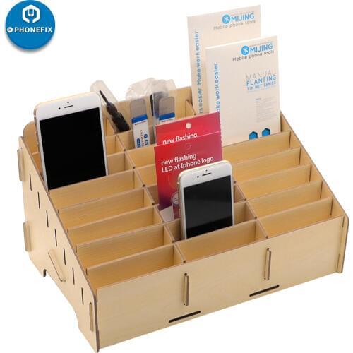 PHONEFIX 24 Grid Wooden Desktop Storage Box Mobile Phone Repair Accessories Container Professional Cell Phones Holder