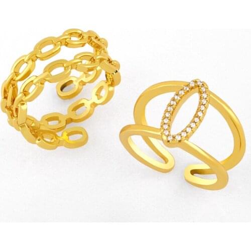 EYIKA Simple Minimalist Link Chain Twisted Adjustable Finger Rings for Women Oval Double Layer Zircon Gold Color Female Bijoux