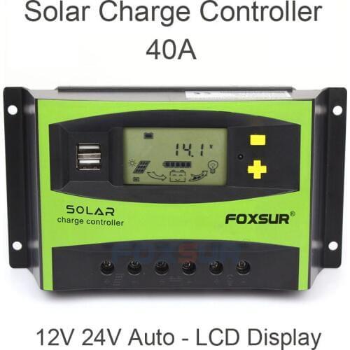 FOXSUR Solar Charge Controller 40A PWM 12V 24V Auto LCD Solar Panel Charge Discharge Regulator with 5V USB, Parameter Adjustable