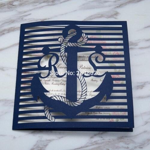 Customized Nautical Themed Laser Cut Wedding Invitation,Anchor style invitations, personalized printed folded cards