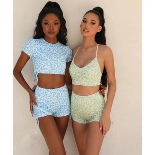 Floral Print Yoga Set Fitness Long Sleeve Crop Top Gym Sport Shirts Push Up Bra High Waist Yoga Leggings Training Pants Shorts