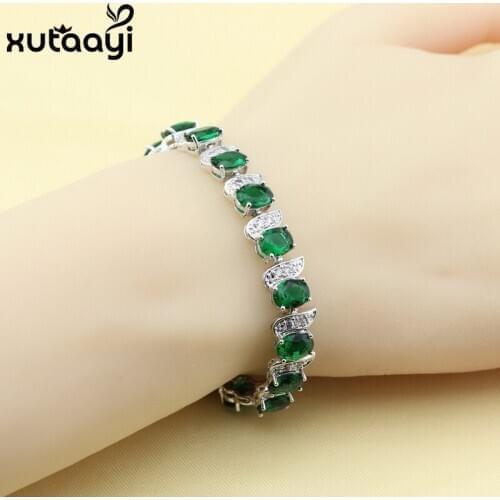 Hot Sell Fashion Silver Color Jewelry Green Imitated Emerald White Austrian Crystal Chain-Link Bracelet length 18+2cm For Women