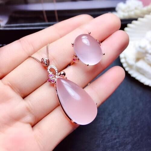 Best Gift Real Natural Rose Quartz Jewelry set Natural And Real Rose Quartz Set 925 sterling silver 1pc ring,1pc Pendant