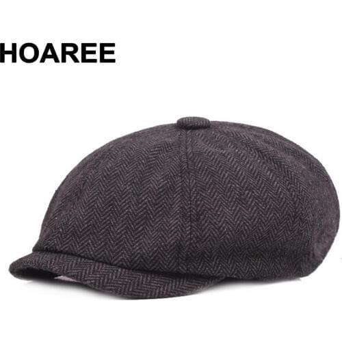 HOAREE Mens Newsboy Caps Cotton Vintage Herringbone Beret Hat Spring Gray Tweed Striped British Style Octagonal Driver Cap