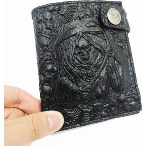 Vintage Embossed Leather Men Wallet Boys Rock Pink Devil Skull Head Short Purse Biker Snap Hasp Clutch Wallets Card Holder