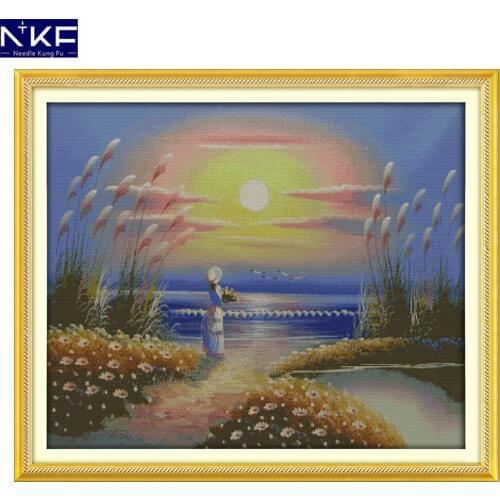NKF Seaside Girl Pattern DIY Handmade Craft Needlework Cross Stitch Set Embroidery Kit Printed Design Stitching Home Decoration