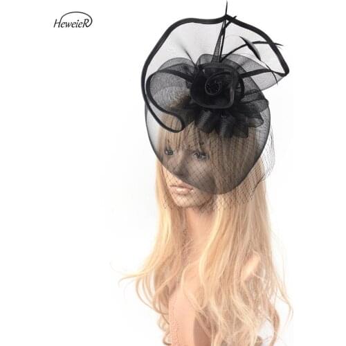 New Ladies Women Feather Mesh Veil Fascinator Hats Ascot Cocktail Party Hair Clip Fancy Headdress Hairpiece Headwear Accessory