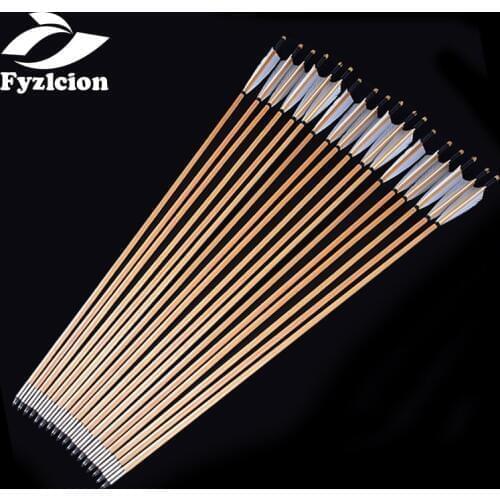 Hunting Crossbow Archery 12pcs Handmade Wooden Arrows Bolts 30inch with White Turkey feather for 25-50lbs Longbow Recurve Bow