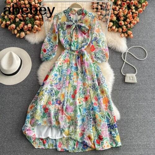 2021 New Summer Bohemian V-Neck long sleeve Dress lace up bow high waist pleated waist print mid-length A-line Dress