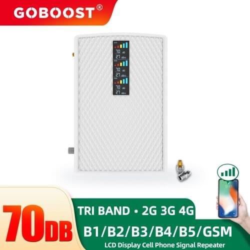 GOBOOST 3G 4G Cellular Repeater Tri Band 850 900 1800 2100 1900 1700 Mhz LTE Signal Amplifier Cell Phone Booster GSM PCS Display