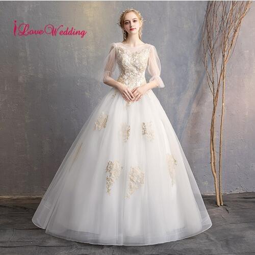 ILoveWedding Scoop Collar Vestidos de novia Puffy Sleeve Custom made Lace Ball gown Wedding Dresses