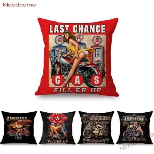 Vintage Sexy Girl Hot Babes Girls Motorcycle Poster Art Pillow Cover Retro Biker Motorbike Club Pub Bar Linen Cushion Cover Case