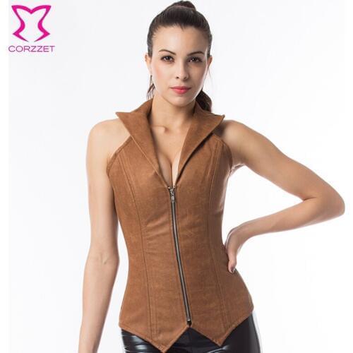 Halter Collar Overbust Steampunk Leather Corset Brown Waist slimming Corsets Steel Boned Zipper Front Plus Size Waist Trainer