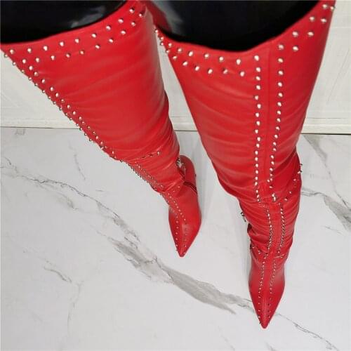 Crotch Hard Shaft Studded Rivets Boots High Heel Stiletto Red Leather Pointed Toe Shaft Long Shoes Women Winter Runway Stage