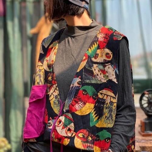 Johnature Women 2020 Winter Vintage Cotton Print Owl Vests Chinese Style Sleeveless Coats V-Neck Pocket Female Vests