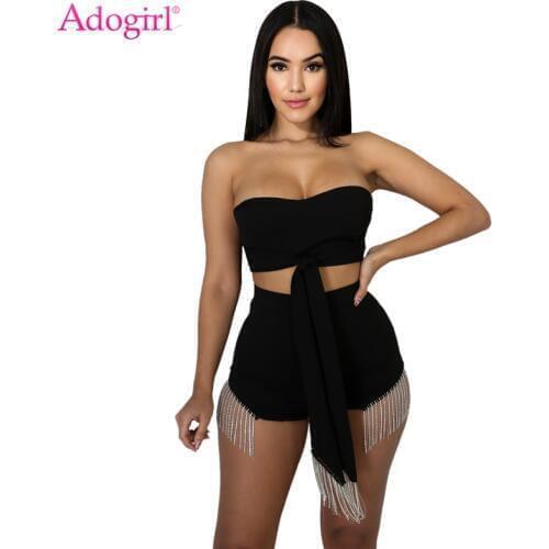 Adogirl Crystal Tassel Accent Casual Two Piece Set Women Tie Up Tube Top + Shorts Sexy Night Club Suit Female Fashion Clothing