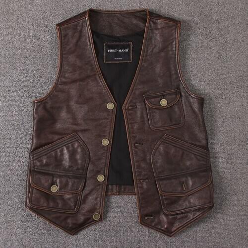 Vintage Mens Vest Casual Genuine Leather Jacket Men Spring Autumn Sleeveless Coat Slim Vests Cow Leather Jackets 19327 KJ2286