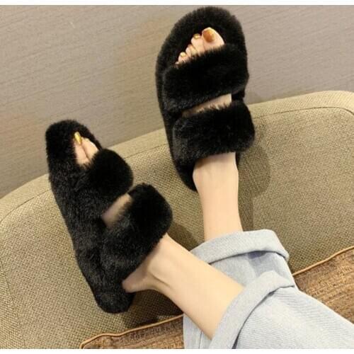 Winter Women Slippers Faux Fur Home Cozy Furry Slides Comfortable Open Toe Designer Fluffy Black Plush Warm House Women Shoes