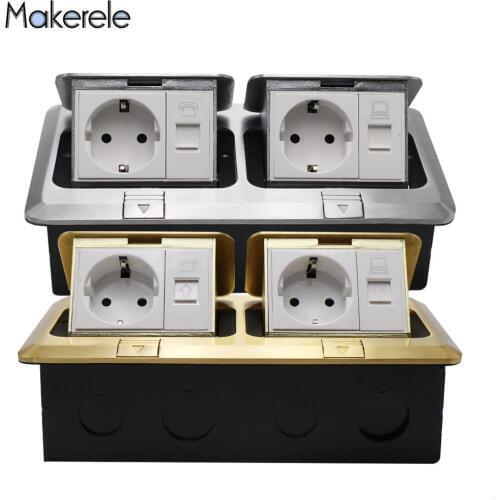 3F Series Aluminum / Cropper Panel Pop Up Floor Socket EU Standard Power Double Outlet 2USB With Phone Port / RJ45 Internet Jack