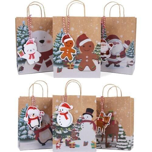 6Pcs Christmas Gift Bags Santa Sacks Kraft Paper Bag with Handle New Year Kids Favors Bag Christmas Party Supplies Noel Navidad