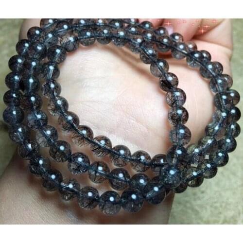 FREE SHIPPING Natural Black Hair Rutilated Quartz Bracelet Crystal Beads AAA 6mm 3rows