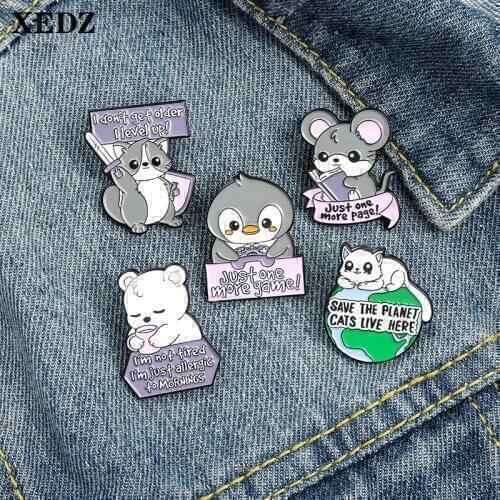 XEDZ Animal Enamel Pin Fencing Hamster Mouse Reading Book Penguin Game Sick ice Panda Earth Lapel Brooch Cute Childrens Jewelry