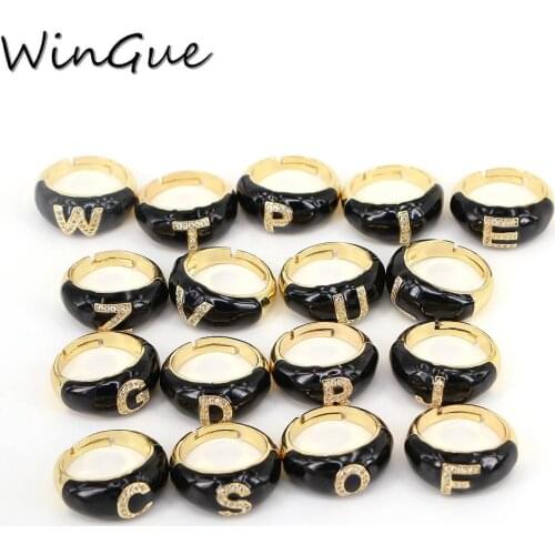 Black Enamel CZ Paved Initials 26 Alphabet Diy Name Ring For Women Vintage Fashion Jewelry Engagement Band CZ Letter Finger Ring