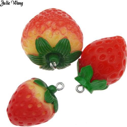Julie Wang 3pcs Resin Simulation Strawberry Pendant Cabochon Earrings Keychain Hanging Charms DIY Slime Jewelry Accessory