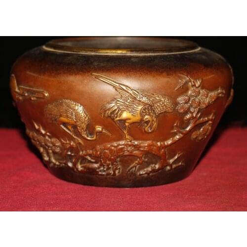 7"Chinese temple collection Old purple Bronze Gilt Real gold pine crane statue Pen wash Cylinder Ornaments Town House