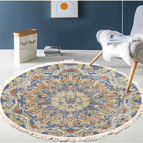 National Floral Carpet for Living Room Imitation Cotton Linen Round Rugs Decor Woven Prayer Bedroom Mat Children Play Area Rug