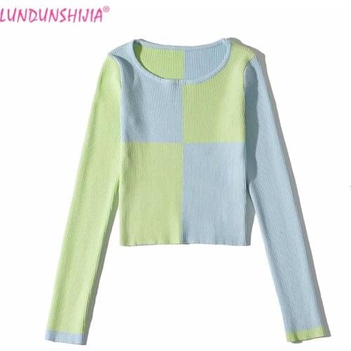 LUNDUNSHIJIA Women Sweaters Vintage Patchwork Colors Knitting Crop Tops 2021 Spring Autumn Long Sleeve Slim Female Sweater