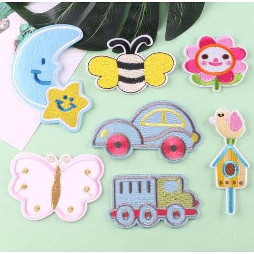 Kindergarten Primary School Students Diy Cute Sticker Moon Flower Car Butterfly Iron on Embroidered Patch for Kids Backpack Bag