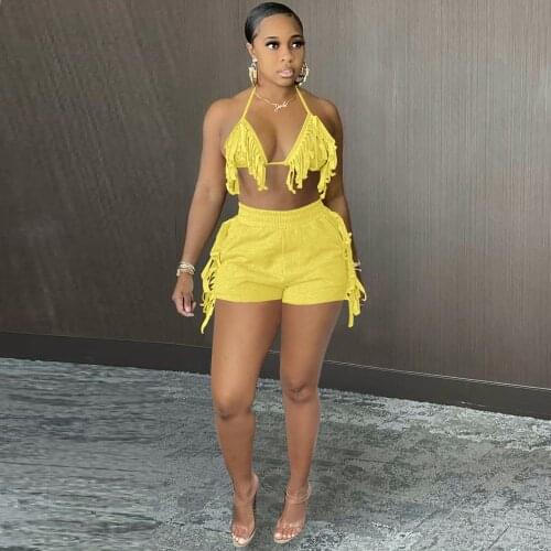 Athleisure Outfits Women Sport Suit Tassels Spliced Halter Backless Bra Top and Elastic Waist Biker Short Two Piece Tracksuits